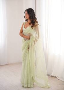 Trending Pastel Mint Green Embroidered Havy Benglori Silk <b>Saree</b> <b>for</b> <b>Women</b> | Designer Sheer Floor-Length Scalloped Border | - Product Image 4