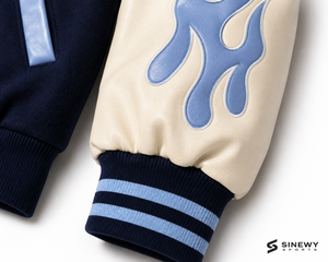 เสื้อแจ็คเก็ตวาร์ซิตี้ผู้ชาย SINEWY SPORTS ปักลายต้นปาล์ม LA สีกรมท่า แขนเสื้อสีเบจ ลายเปลวไฟ สไตล์ Preppy สำหรับใส่ในฤดูใบไม้ร่วง - Product Image 3