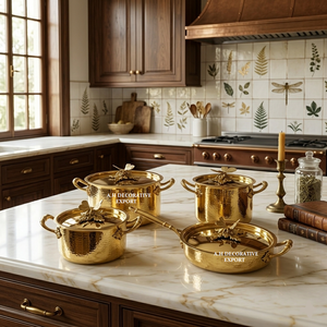 Luxury Hammered Brass Gold Premium Pan and <b>Pots</b> Cookware <b>Set</b> with Decorative Butterfly Lids 4-Piece Professional Kitchenware Use - Product Image 1