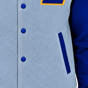 Blouson Bomber Varsity Gris Clair pour Femme avec Manches Bleues, Broderie Écusson Torche, Bordure Dorée, Boutons Pression, Col et Poignets Côtelés – Style Décontracté - Product Image 4