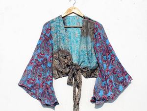 Nueva llegada de seda hecha a mano verano campana manga Crop Top blusa pura seda Patchwork Crop Top seda Wrap Top para mujer - Product Image 4