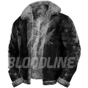 Veste en cuir noir pour homme BLOODLINE avec doublure en fausse fourrure marron, fermeture éclair, style motard, vêtement d'hiver - Product Image 2