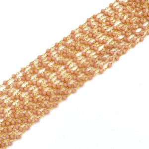 Chaîne de chapelet en pierre de lune pêche hydro, perles rondelles facettées de 3 mm, chaîne de bijoux enroulée de fil plaqué or - Product Image 2