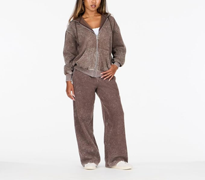 OEM Custom 100% Cotton 340 GSM Acid Wash Women's Full Zipper Hoodie & Wide Flare Leg Sweatpants Baggy Sets Breathable 2 Pieces - Product Image 5