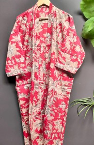 Robe kimono femme, florale, 100% coton, manches longues, col en V, ceinturée, vêtements de détente, vêtements de nuit, robe d'été, robe à motifs imprimés à la main - Product Image 2