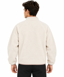 Premium <b>Men</b>’s Ivory Cream <b>Sherpa</b> <b>Fleece</b> Pullover Jacket Warm Winter Full Sleeve Stand Collar Sweatshirt with Snap Button Front - Product Image 3