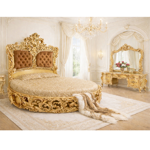 Luxury European Style Round Bed with <b>Side</b> <b>Table</b> <b>Set</b> Classic King Size Bedroom Furniture Exclusive Gold Leaf Carved Bedroom <b>Set</b> - Product Image 1