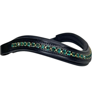 Diadema de cuero inglés negra o marrón personalizada de alta calidad con cristales y piedras brillantes para caballos - Product Image 1