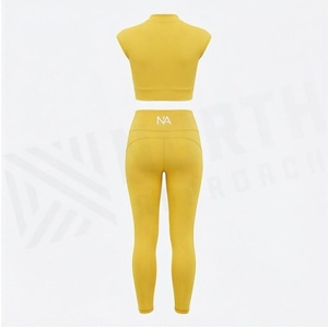 Ensemble de yoga 2 pièces North Approach jaune : Crop top sans manches et leggings taille haute longueur intégrale, sans couture, avec fermeture éclair frontale, couleur unie - Product Image 2