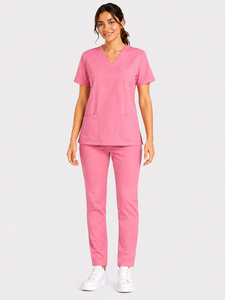 Ensemble de blouses médicales roses pour femmes, haut à col en V avec poche supérieure et deux poches inférieures, uniforme de soins infirmiers, vêtements de travail pour infirmières, haut et pantalon. - Product Image 1