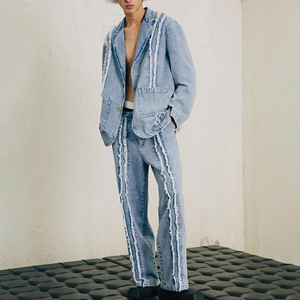 Men Denim Tracksuit Full Sleeve Button Up Jacket And <b>Pants</b> Streetwear Set Loose Fit Washed Cotton Spring Wear - Product Image 5