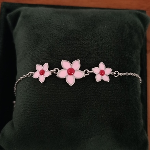 925 Sterling Silver Pink Enamel Flower Charm Bracelet Rhodium Finish Adjustable Chain Women's Wedding <b>Gift</b> - Product Image 6