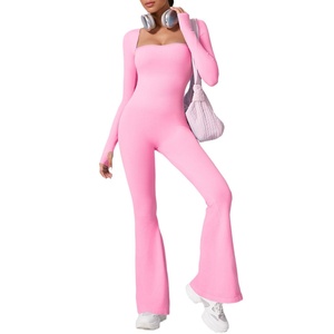 Women Long Sleeve <b>Square</b> <b>Neck</b> <b>Bodysuit</b> Full Length Seamless Stretch Knitted Activewear Solid Color One Piece Jumpsuit - Product Image 3