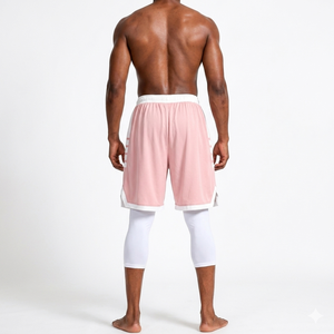 Shorts de basket-ball personnalisés pour hommes, rose avec rayures blanches, séchage rapide, respirants, vêtements de sport, shorts d'entraînement. - Product Image 2