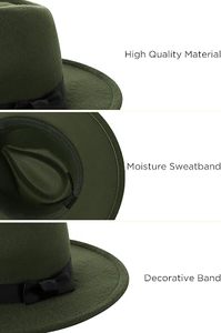 Olive Green Wool Fedora Hat with Black Ribbon Band Wide Brim Unisex Classic Style for Casual Wear Four Seasons - Product Image 3