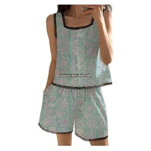 Conjunto de Pijama de Algodón Indio con Encaje y Estampado Floral Hecho a Mano para Mujer, Sin Mangas, Primavera/Verano, ¡Gran Venta! - Product Image 5