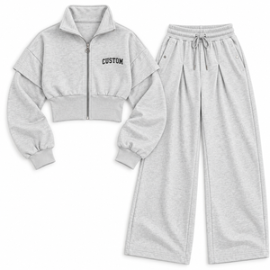 Ensemble de survêtement gris chiné pour femme avec veste zippée, taille sculptée, manches ballon et pantalon large – Fabricant OEM personnalisé en gros - Product Image 3