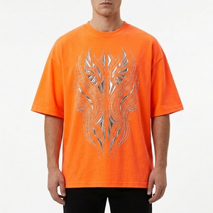 Men's Orange Oversized T-Shirt Geometric Rhinestone Pattern Short Sleeve O-Neck Street Style Casual Jersey Cotton Front <b>Logo</b> - Product Image 4