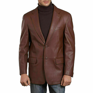 Men Brown <b>Leather</b> <b>Blazer</b> Notched Collar Regular Fit Full Length Sleeve Italian Style <b>Jacket</b> - Product Image 1