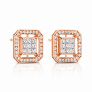 Pendientes de Diamantes con Corte Princesa en Oro Rosa, Diseño Geométrico de Halo, Joyería de Lujo para Uso Diario de Mujer - Product Image 6