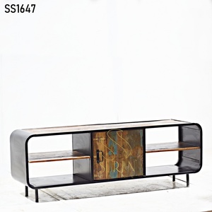 SUREN SPACE SS1647 Indian Designer Antique-Style Handcrafted Entertainment <b>Unit</b> Reclaimed Wood Open <b>Shelves</b> TV Cabinet Farmhouse - Product Image 2