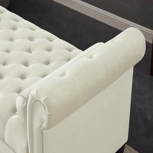 Ivory Velvet Rectangular Sofa Bench with Solid Wood Legs & Attached Cylindrical Pillows for Living Room - Product Image 5