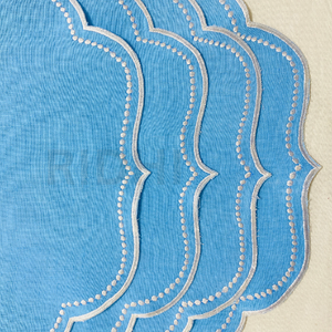Blue Linen Placemat With White Scalloped Embroidered Edge <b>Table</b> <b>Mats</b> for Dining, Modern Tableware Reusable Elegant Kitchen Decor - Product Image 5