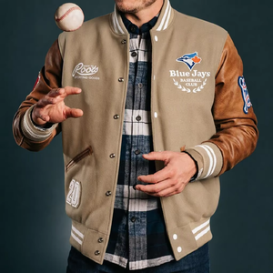 Blouson universitaire de baseball personnalisé à un bouton avec col rayé, en polyester tendance, idéal pour les couples, polyvalent, directement de l'usine - Product Image 2