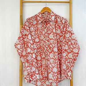 Débardeur à col en coton doux de luxe pêche blanc Floral indien main bloc terre cuite décontracté été vêtements de jour chemise courte - Product Image 1