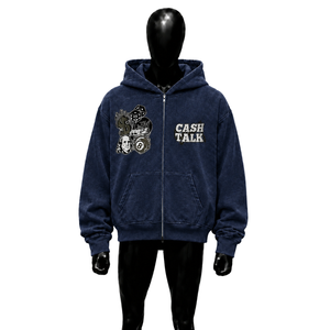 Sweat-shirt à capuche zippé pour homme Cash Talk, bleu marine, en polaire oversize, design imprimé décontracté, logo sur le devant, coupe classique, vêtement d'automne MODER - Product Image 1