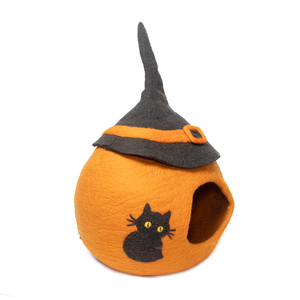 Wool Felt Cat Bed Cave Orange With Black Cat Pattern Round Shape Soft Indoor Pet Nest <b>For</b> Cats Autumn Style - Product Image 4