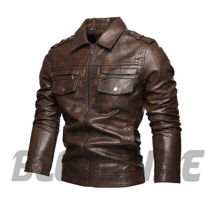 Men's Brown PU <b>Leather</b> Moto <b>Jacket</b> Slim Fit Turn-down Collar Zipper Closure <b>Long</b> Sleeve Solid Color Autumn Wear - Product Image 5