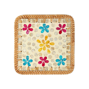 Mother of Pearl Placemat, Shell Inlay Square <b>Table</b> Mat with Luxury Multi-color Floral Mosaic for <b>Dining</b> Decor & Summer Parties - Product Image 1