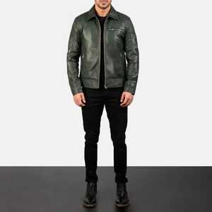 Chaqueta de Moto para Hombre, de Cuero Verde, con Calefacción, Cuello Mao, Cierre de Cremallera, Corte Regular, para Invierno, Color Sólido, Estilo Biker - Product Image 4