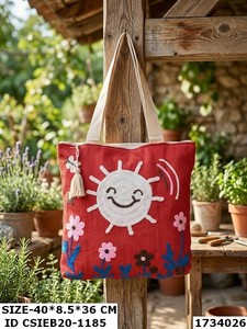 Bohemian Canvas Tote <b>Bag</b> With Floral Embroidery Design For Women Shopping Use All Seasons cotton <b>cord</b> straps - Product Image 4