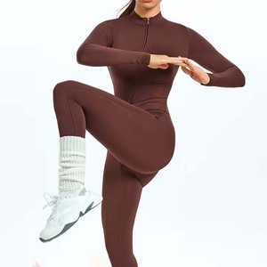 Combinaison gainante taille haute à manches longues unie avec fermeture éclair sur le devant pour femme, effet ventre plat, idéale pour le yoga - Product Image 4