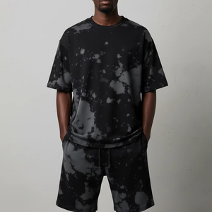 <b>Men</b> 2 Piece Casual Set T-Shirt and Drawstring Shorts <b>Black</b> <b>Tie</b> Dye Print Summer Outfit Breathable Knitted Cotton - Product Image 1