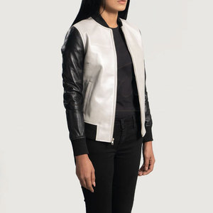 Women White and Black Genuine Leather <b>Bomber</b> <b>Jacket</b> Slim Fit Two Tone Premium Sheepskin Casual Winter Outerwear Fashion Coat - Product Image 5