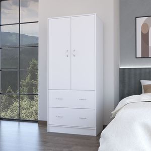 Armadio FM Furniture Wenden Bianco con 2 Cassetti, 2 Ante e Asta Appendiabiti, Offre Ampio Spazio di Archiviazione - Product Image 1