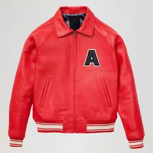 Men's Red PU Leather Varsity <b>Jacket</b> Stand Zipper Closure Front Letter Patch Casual Style Autumn Regular Fit Breathable Anti-UV - Product Image 1