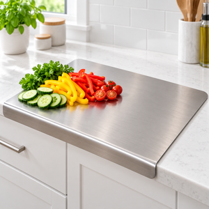 Tabla de cortar de acero inoxidable para catering, cocina y preparación de alimentos con mango, tabla de cortar delgada de metal, exportación desde India - Product Image 2
