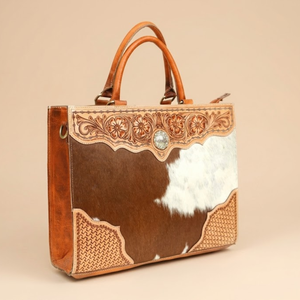 Hand Tooled Hair-On Genuine Leather Tote Bag | Western Floral Cowhide Briefcase with Strap | Stylish Designer Laptop Office Bag - Product Image 1