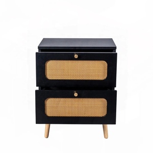Luxury style black wooden nightstand with Dual <b>Drawers</b> Natural Rattan Front and Wooden Legs for Modern Boho Bedroom Decor - Product Image 1