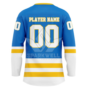 Camiseta de Hockey sobre Hielo Sublimada Personalizada para Hombre, Azul, Amarillo y Blanco a Rayas, Manga Larga, Transpirable, Ropa Deportiva, Corte Regular para Adultos - Product Image 3