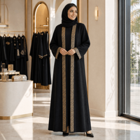Abaya noire tricotée sur mesure pour femmes, broderie dorée, devant ouvert, manches longues, tenue modeste musulmane du Moyen-Orient, OEM