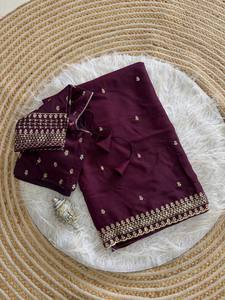 Sari de Seda Pura Morado con Bordado Dorado, Traje Tradicional de Boda para Mujer, Estilo Étnico de India y Pakistán, para Todas las Temporadas - Product Image 1