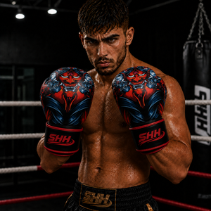 Gants de boxe professionnels en cuir légers et imperméables à doigts entiers, design démon personnalisé, rouge et noir, pour sparring et Muay Thai, à lacets - Product Image 4