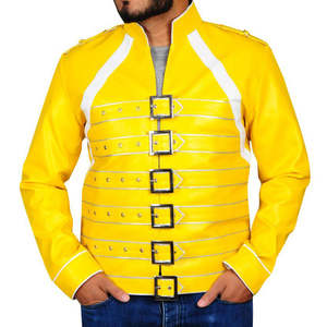 Blouson matelassé en cuir jaune pour homme avec boucle à logo personnalisé, style motard urbain, revers réversible, type Letterman, pour moto - Product Image 2