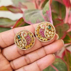 18K Gold Plated Peacock Round Stud Earrings with Diamond Accent - Product Image 2