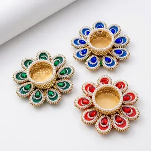 Handmade Round Tea Light Holder with Pearl Beaded Flower Design in Blue Green <b>Red</b> for Home Decoration Traditional Pearl Beaded - Product Image 4